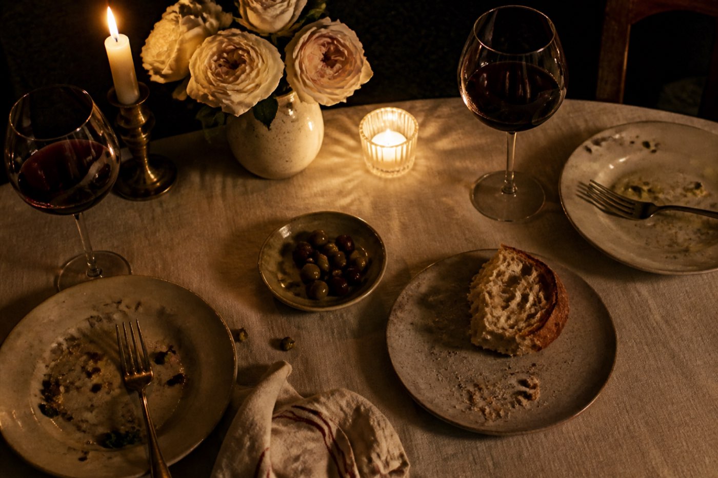 Candlelit dinner table for two