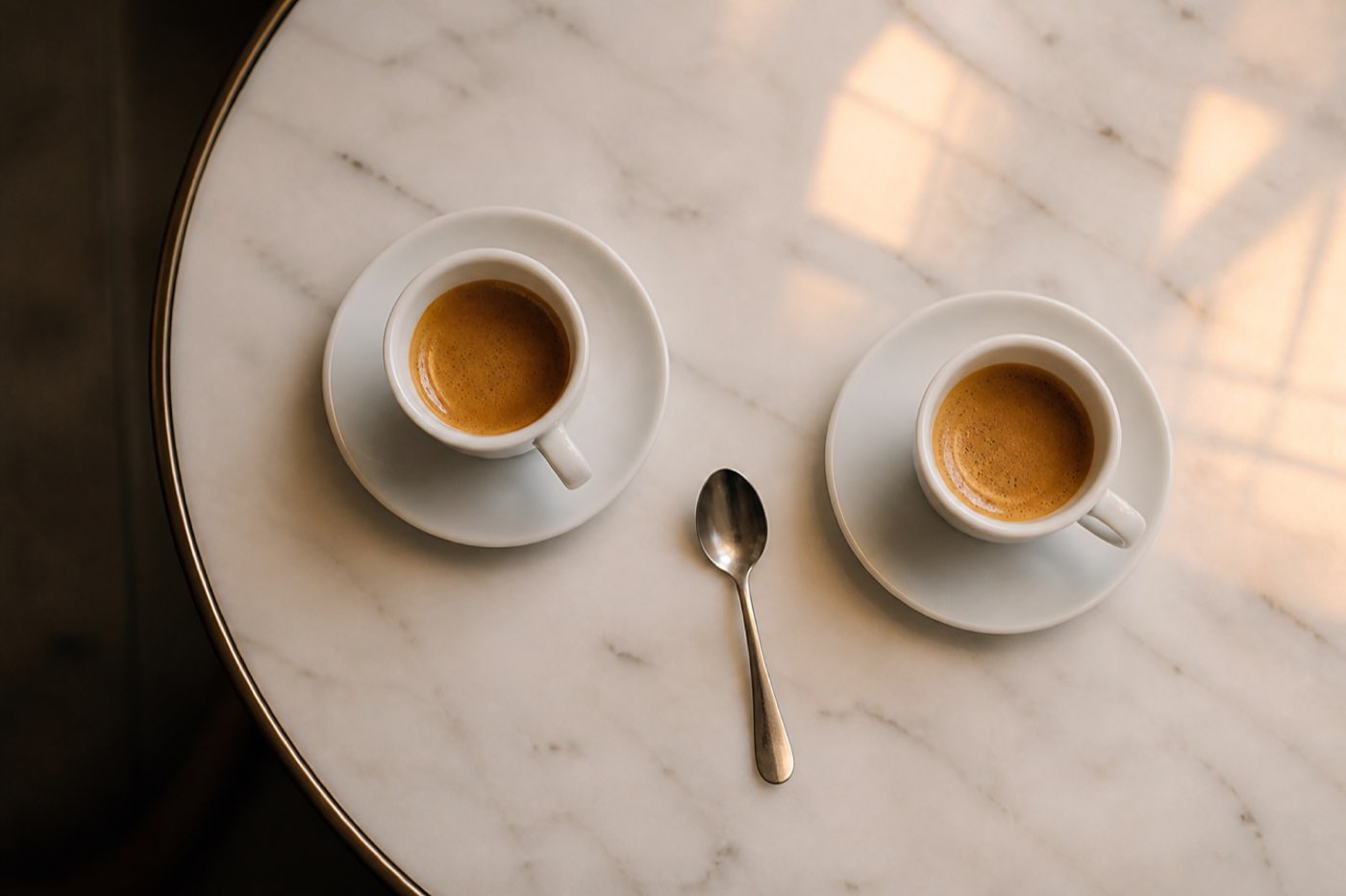 Two espresso cups on a marble table