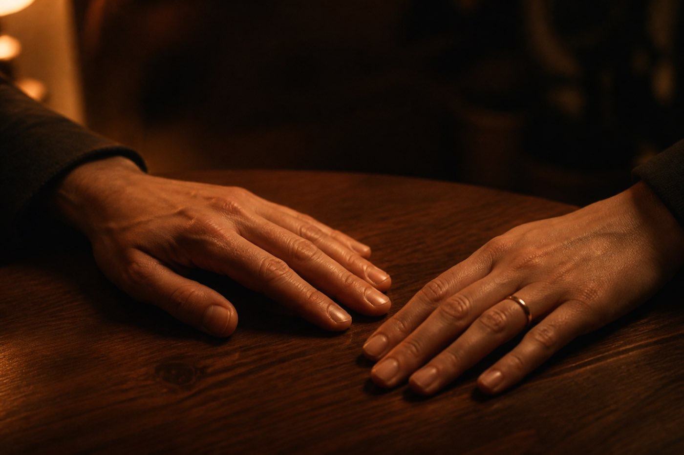 Two hands resting on a wooden table