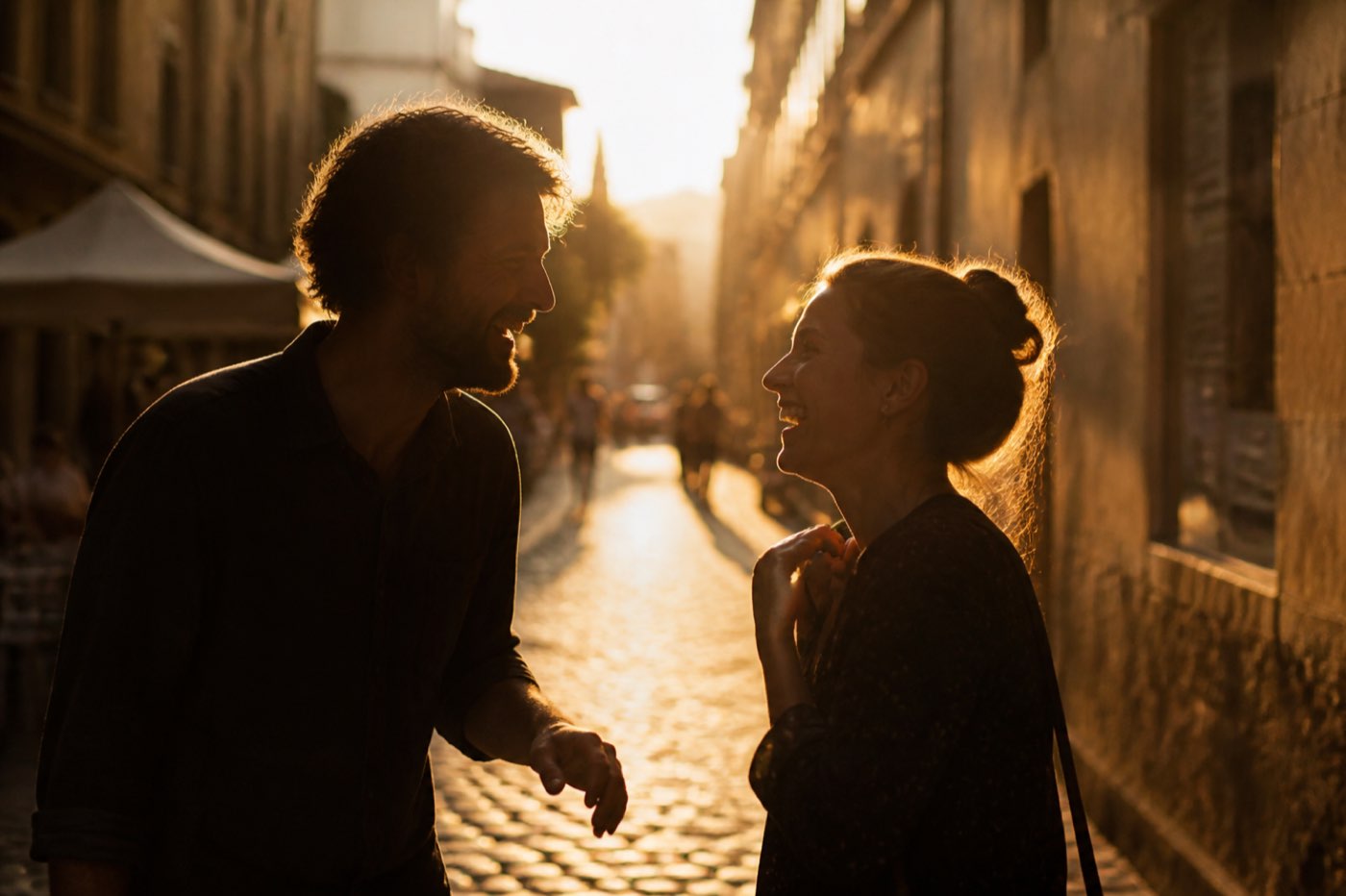 Two people laughing in golden hour light