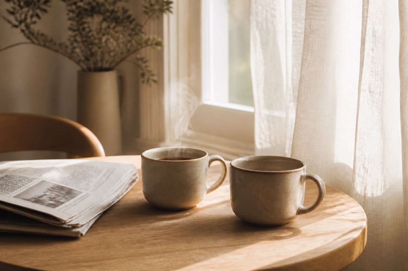 Morning coffee for two by a bright window