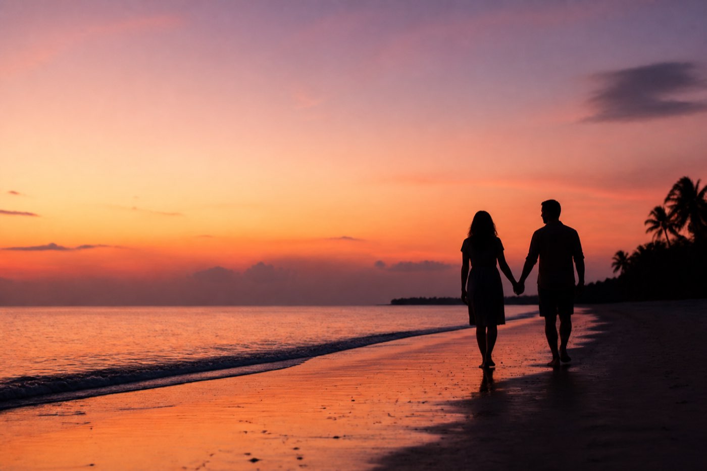 A couple silhouetted at sunset by the shore