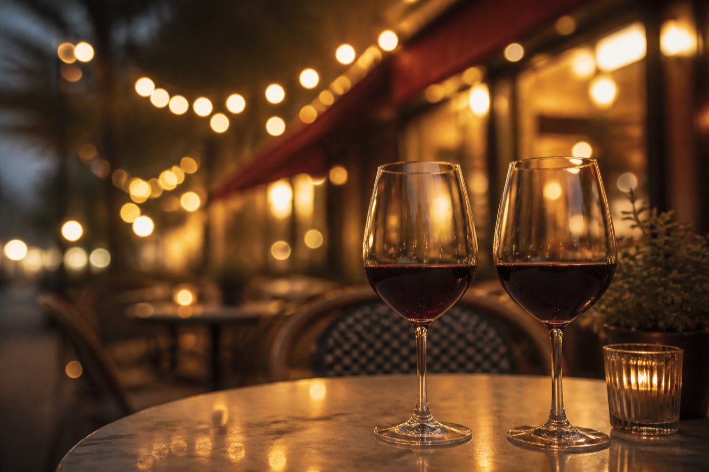 Wine glasses at dusk