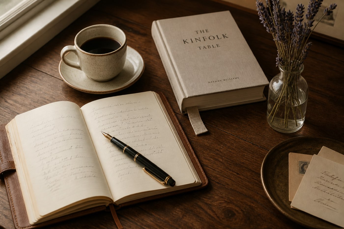 An open notebook and coffee on a wooden desk